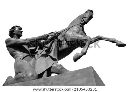 Horse and man ancient sculpture of Anichkov Bridge in Saint Petersburg. Monument isolated on white background