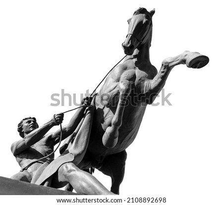 Horse and man ancient sculpture of Anichkov Bridge in Saint Petersburg. Monument isolated on white background