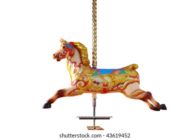 Horse from a musical fairground carousel, isolated on a pure white background.