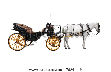 Horse and nice vintage coach with big yellow wheels. Isolated on white