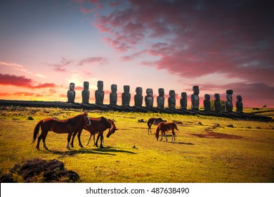 Horse On Easter Island At Sunset Walk Around Statues