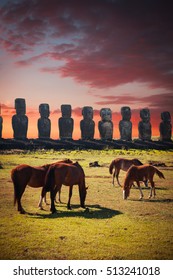 Horse On Easter Island At Sunset Walk Around Statues