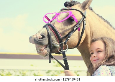 horse pony with pink glasses hearts and funny animal smile is near a beautiful smiling girl, the concept of friendship, fun, be together, riding, dreams, spring vacation, sport
