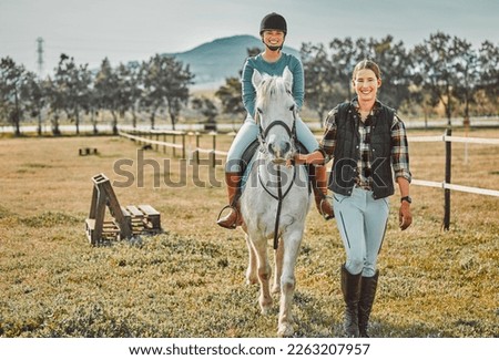 .Horse, portrait and mockup with a woman coach training a student on horseback at a farm or ranch. Equestrian, agriculture and countryside with a trainer teaching a female about horseriding outside.