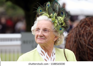 HORSE RACING - Elegant Smart Elderly Lady Wearing Peacock Feathered Hat Smiling During Ladies Day At Thirsk Races : Thirsk Racecourse, Nth Yorkshire, UK : 8 September 2018 : Pic Mick Atkins