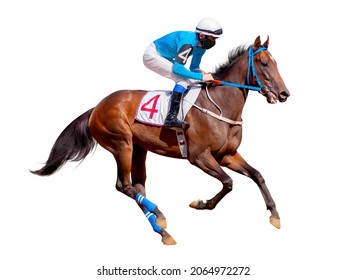 Horse Racing Jockey. Sport. Champion. Racetrack. Equestrian. Derby. Isolated On White Background