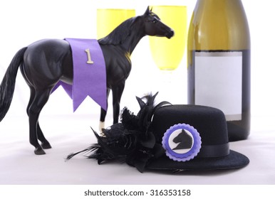 Horse Racing Ladies Luncheon Fine Dining Table Setting With Small Black Fascinator Hat, Decorations And Champagne. 