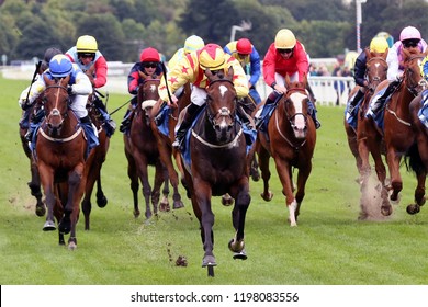 HORSE RACING - Racehorses Covering Breadth Of Track And Sprinting Towards The Finish At York Races : York Racecourse, Nth Yorkshire, UK : 9 September 2018