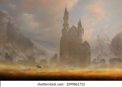                                Horse Rider Of Knight In Front Of Old Castle With Summer Background Fantasy 