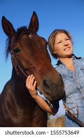 Horse Rider Portrait. Happy Young Woman With Horse, Smiling.