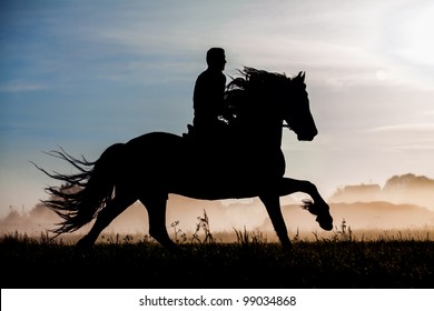 Horse rider  silhouette at sunset
