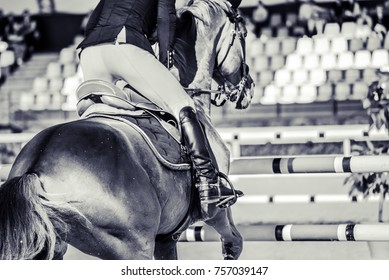 Horse And Rider In Uniform Performing Jump At Show Jumping Competition. Equestrian Sport Background. Black And White Art Photography Monochrome With High Contrast.