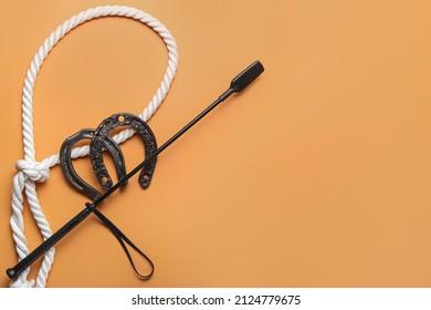 Horse Riding Crop With Rope And Horseshoes On Color Background