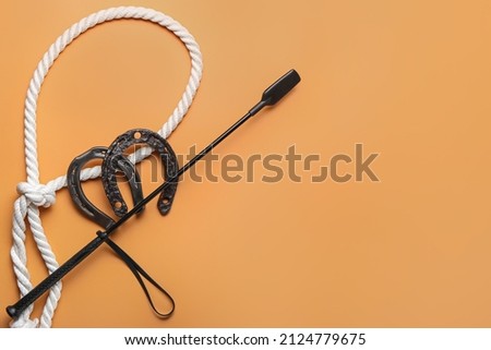 Horse riding crop with rope and horseshoes on color background Stock photo © 
