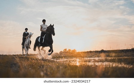 Horse riding, friends and girls in countryside at sunset with outdoor mockup space. Equestrian, happy women and animals in water, nature and adventure to travel, journey and summer vacation together. - Powered by Shutterstock