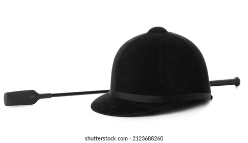 Horse Riding Helmet And Crop On White Background