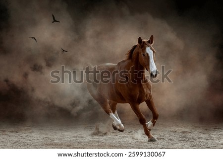 Horse riding on sand, colored dust around, clouds, flying birds. Painted background, fine art style