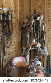 Horse Saddles In Tack Room