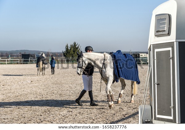 horse vehicle .  Carriage for horses .
Auto trailer for transportation of horses . transportation
livestock . Horse transportation van , equestrian
sport