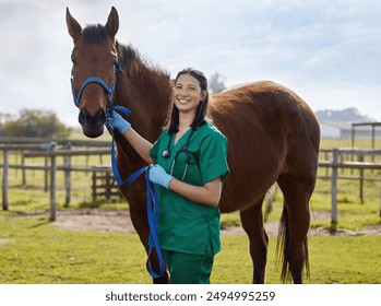 Horse, vet and portrait on farm for health, examination or care of stallion at ranch. Appointment, animal love or woman doctor in countryside for check up, inspection or consultation for pet wellness - Powered by Shutterstock