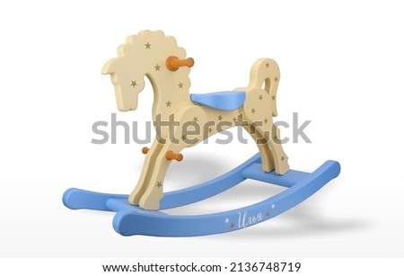 the horse is a wooden toy swinging made of wood painted with environmental paint a beautiful and interesting toy on a white background
