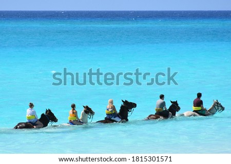Horseback riding tour social distanced the in ocean, visitors / travel scene in the Caribbean