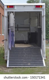 Horseboxes before loading the horses. Rear view.