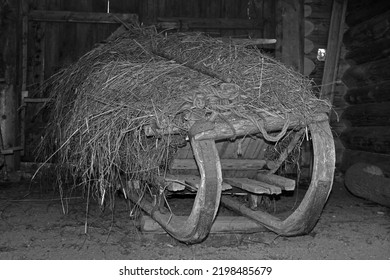 Horse-drawn Wooden Sleigh With Hay In The Barn. Black And White Photo.