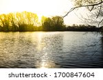 Horsehay Pool with sun beaming through trees Telford shropshire