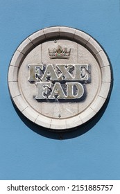 Horsens, Denmark - May 5, 2019: Faxe fad beer logo on a wall. Faxe brewery is a Danish brewery located in the town of Faxe. The brewery was founded in 1901 by Nikoline and Conrad Nielsen