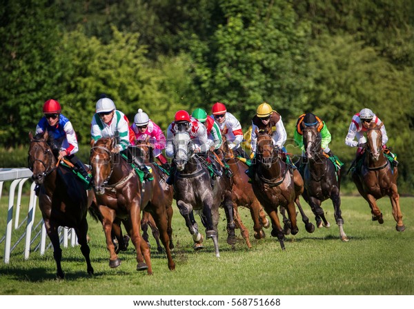 Horseracing in Czechia, Europe. Traditional\
sport. Jockeys on\
horses.