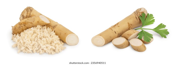 Horseradish root with slices grated pile isolated on white background