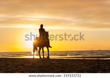 Horseriding at the beach on sunset background. Baltic sea. Vibrant multicolored summertime outdoors horizontal image.