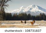 Horses graze near base of Three Sisters Oregon State mountain landscape