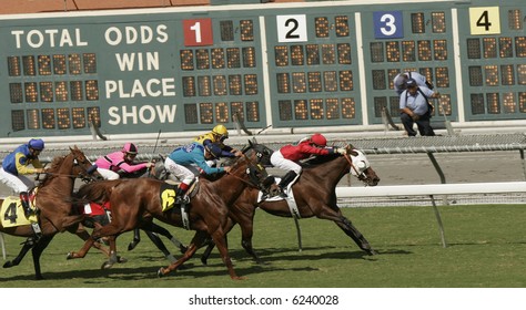 Horses Race Past The Tote Board