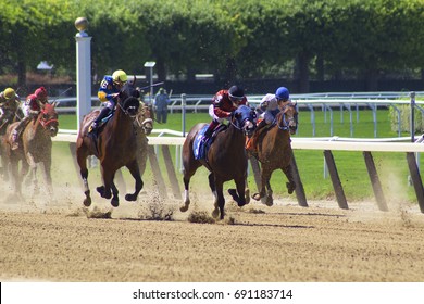 Horses Racing In Belmont Race Track In New York