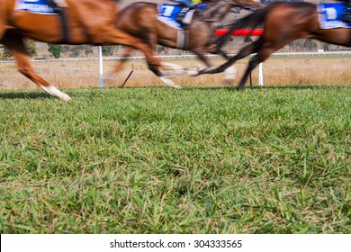 Horses running past on the racetrack