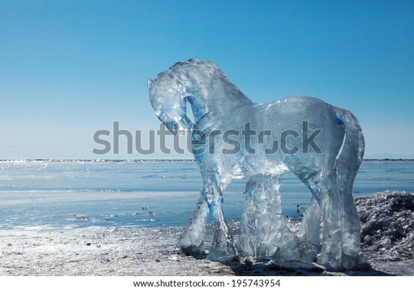 Horses,\
a sculptures  from ice on the frozen lake\
Baikal
