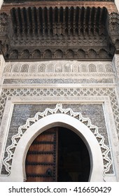 Horseshoe Arch Decorated With Arabic Mosaic And Moroccan Arabesque Carvings At The Medieval Medina Of Fes Al Bali, Morocco