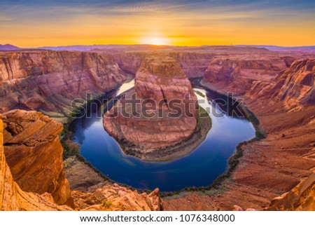 Horseshoe Bend on the Colorado River at sunset near Page, Arizona, USA.