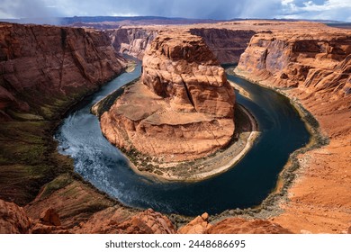 Horseshoe Bend panorama. Unique meander of Colorado River near Page, Arizona, USA and part of Grand Canyon. Wide angle view of river loop and colorful red sandstone. Major sight and touristic hot spot