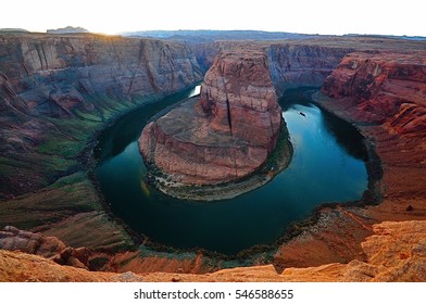 Horseshoe Bend At Sunrise, Page, Arizona. Famous Travel Destination Of The USA. West Coast. Perfect Road Trip.