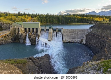 Horseshoe Falls Dam At Bow River, Rocky Mountains Foothills West Of Calgary.  Massive Concrete Structure Was The First Sizeable Hydroelectric Facility In Alberta, Canada