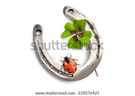 Horseshoes, clover with four leaf and ladybug on white background