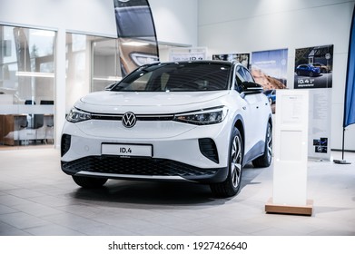 Horten, Norway - February 27, 2021: pure white VOLKSWAGEN VW ID.4 is a suv electric car based on the MEB platform. New car at the dealership. 