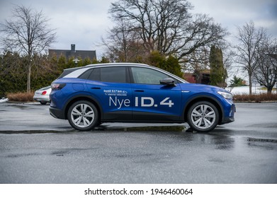 Horten, Norway - February 27, 2021: blue VOLKSWAGEN VW ID.4 is a suv electric car based on the MEB platform. New car at the dealership. 