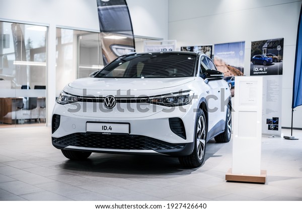 Horten, Norway - February 27, 2021: pure white\
VOLKSWAGEN VW ID.4 is a suv electric car based on the MEB platform.\
New car at the dealership.\
