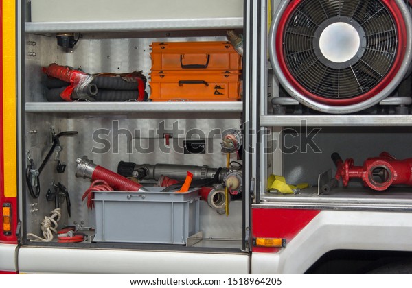 hoses tools and\
equipment of a Fire Truck