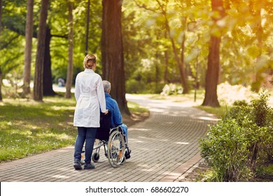 Hospice Nurse Helping Elderly Man On Wheelchair Outdoor
