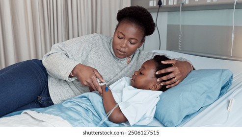 Hospital bed, sick and black mother with girl, illness and comfort with injury, patient and healing. Family, single parent and mama with baby, kid and childhood with recovery, healthcare and wellness - Powered by Shutterstock